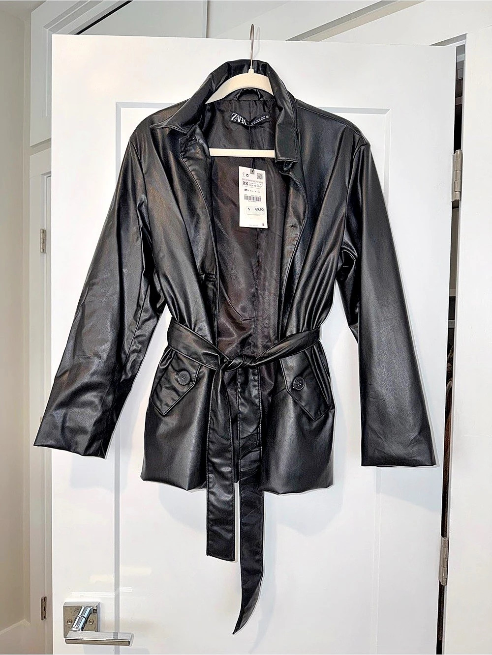 ZARA Faux Leather Belted Overshirt Black Belted Jacket Size XS NWT